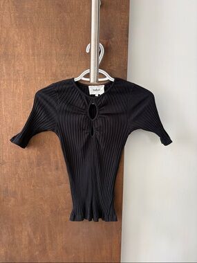 ba&sh Black Ribbed Short-Sleeve Keyhole Knit Top